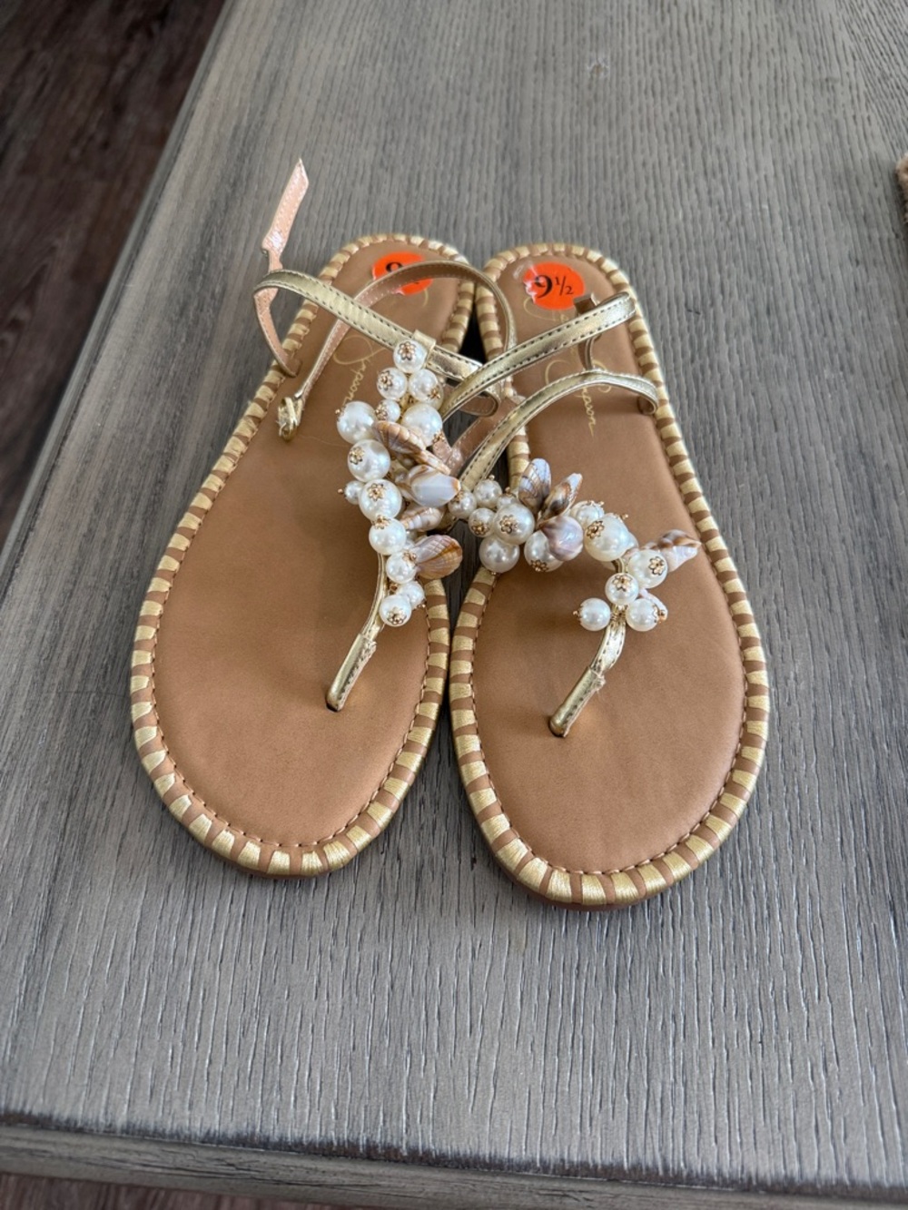Jessica Simpson Gold Pearl-Embellished Thong Sandals